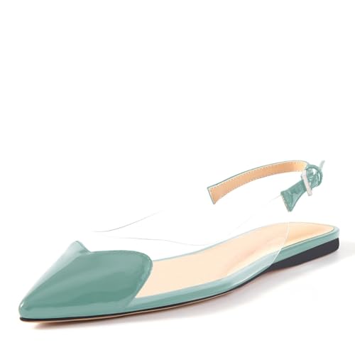 Women's Fashion Pointed Toe Heart Transparent PVC Slingback Flat Shoes Comfort Slip On Cap Toe Clear Ballet Flats Work Wedding Dress Flat Shoes for Women Turquoise Size 10