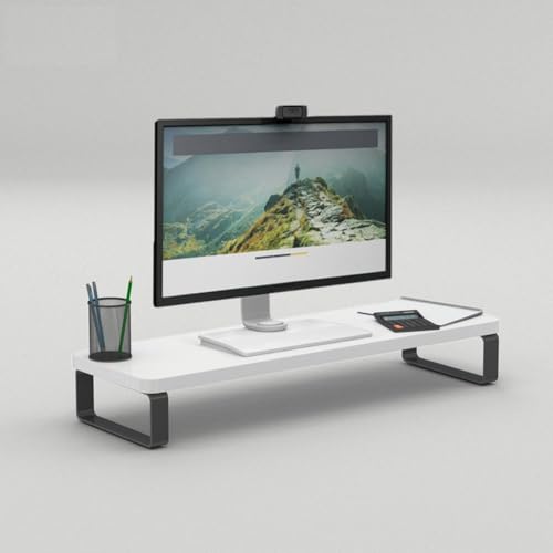 Image of Wooden Computer Monitor Stand Riser | Desktop Organizer for Monitor, Laptop & TV | Ergonomic Height | Space Saving Desk Shelf (White, Metal Legs)