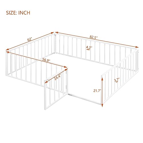 Image of Bellemave Queen Size Floor Bed for Kids, Montessori Beds with Rails and Door, Metal Playhouse Bed Frame with Fence for Boys Girls, White
