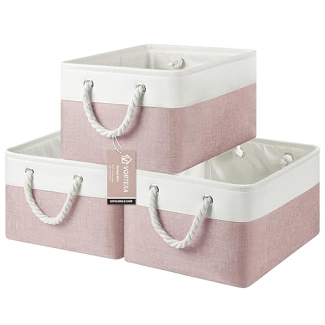 Storage Baskets, Fabric Storage Bins, Versatile Storage Baskets for Shelves with Handles, Large Closet Organizers for Shelves, Clothing, Toys, Books (3-Pack 15.7x11.8x8.2 inch, White&Pink