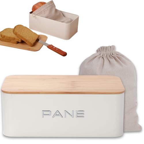 KOOK TIME Porta pane da cucina con tapa in Bambù - Portapane moderno metallica con ventilazione, Contenitore Pane, Biscotti - Design Elegante, Include Sacchetto Cotone - 34x19x12.5 cm. - Bianco Opaco