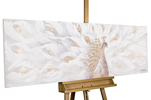 KunstLoft Leinwandbild | 100% HANDGEMALT | 150x50cm | Gemälde 'Legendary' | Pfau | Beige | Wandbild Wohnzimmer