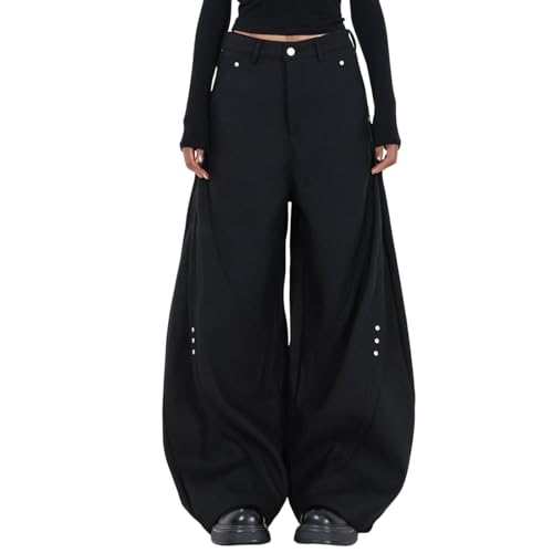 KBOPLEMQ Vintage Y2k Baggy Joggers Harajuku Streetwear Sporthosen Casual Plissee Hosen Arbeitshose Freizeit Hose Stoffhose Arbeit Lockere Jogginghose Casual Büro Anzughose Einfarbige, O negro., 3XL