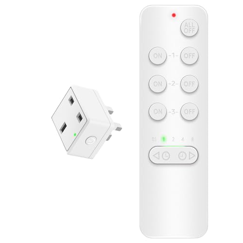 NineLeaf Remote Control Plug Socket UK, Timer Plug with Wireless Remotes, Electric shock-proof safety outlet, 15A,4000V Anti-Surge, 152M/500FT, Programmable, V0 Fireproof, LED, 1 Socket and 1 Remote