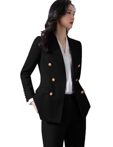 Black 2 Piece Pants Suit for Women - Dressy Business & Casual Work Outfit - Double-Breasted