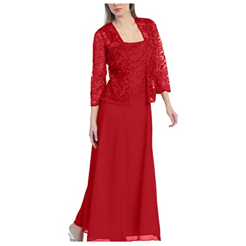 Lace Dress for Women Chiffon Party Wedding Long Dress Plus Size Mother of The Bride Lace Formal Gowns and Evening Dress Solid Color Open Front Cardigan Dress(Red,5X-Large)