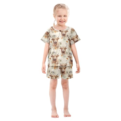 UMIRIKO Highland Cow Animal Summer Short Sleeve Pajamas Sleepwear PJ Set B0403016