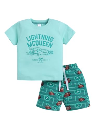 LITTLE NINJA Pure Cotton Knee Length Half Sleeve Lightning McQueen Tee & Shorts Set - Blue and Black 6-12M