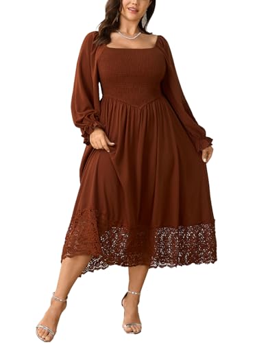 SHESTARR Women's Plus Size Maxi Dress Long Sleeve Square Neck Smocked Flowy A-Line Lace Trim Wedding Guest Dresses Rust