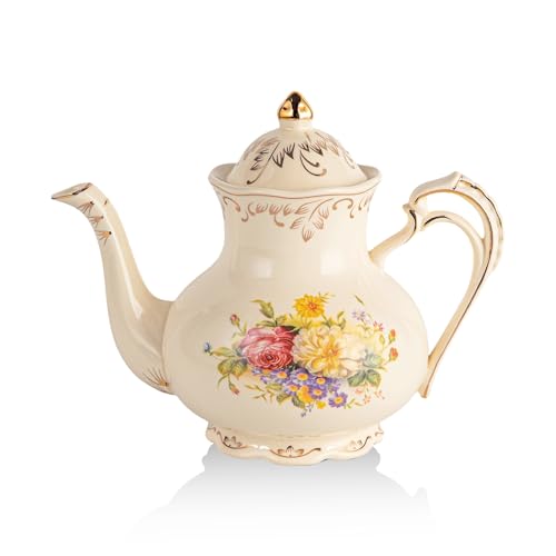 YOLIFE Floral Teapot, Vintage Ivory Ceramic Tea Pot with Infuser ...
