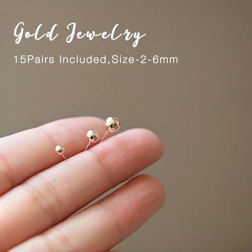 15 Pairs Surgical Steel Ball Stud Earrings Set for Women & Men, 2-6mm, Silver & Gold Plated, Hypoallergenic, 316L Stianless Steel2