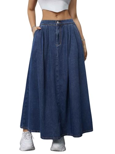 ebossy Women's Casual Pleated Back-Elastic Waist A-line Flowy Draped Maxi Denim Skirts with Pockets