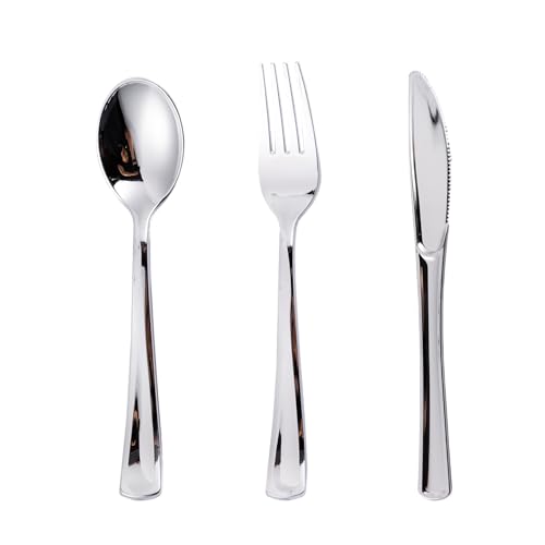 N9R 300PCS Silver Plastic Silverware Set 100 Forks 100 Spoons 100 Knives Heavy Duty Disposable Cutlery for Parties Fancy Disposable Flatware for Weddings and Daily Use