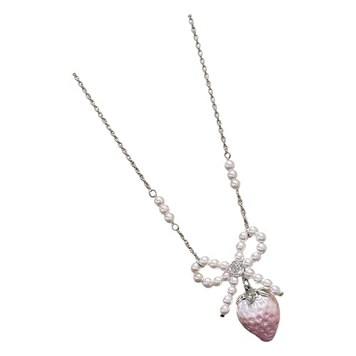Cadena de clavícula de perlas con lazo de fresa para mujer collar elegante