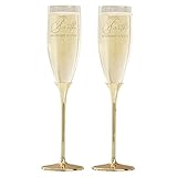 Personalization Universe Personalized Elegant Couple Gold Wedding Flute Set - Customizable Champagne Glasses with Etched Titles, Names & Date for Bride and Groom - 6.5oz, Gift Box Included