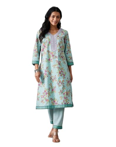 Fabindia Fabnu Women Cotton White-Turquoise Embroidered V-Neck 3Q Sleeves Everyday Regular Fit Kurta...