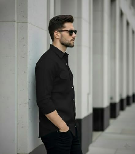 Image of DEELMO Men's Classic Cotton Blend Slim Fit Shirt || Full Sleeve Button-Down Casual Shirt with Dual Flap Pockets || Soft Breathable Fabric || Ideal for Office Party and Everyday Wear