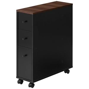 ぼん家具 トイレラック スリム キャスター付き 幅20.1×奥行56.1×高さ69.9cm 引き出し トイレ収納 すき間収納 背面収納付き ウォールナット×ブラック