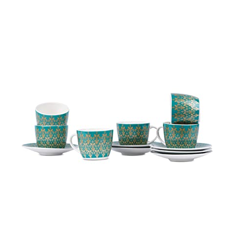 Image of Dandy Lines Royal Cups and Saucers Set, Persian Blue with Pure Gold, Ceramic, Pack of 12, Microwave & Dishwasher Safe, Great for Hosting & Gifting