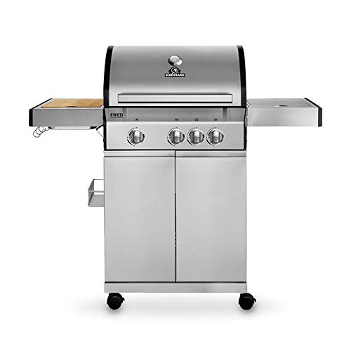 Burnhard 3-Brenner Gasgrill Fred Deluxe inkl. Infrarot-Keramikbrenner und Seitenkochfeld, Edelstahl Grillwagen mit Seitentisch, Gusseisen-Grillrost, Deckel-Thermometer, Piezozündung inkl. Abdeckhaube