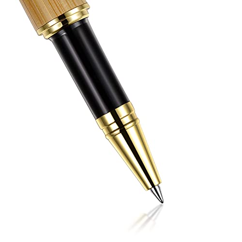 Image of Bamboo Wooden Pen Set - 1 Ball Pen with Medium Tip and 1 Rollerball Pen Fine Tip - Smooth Writing Flow Gift Pen with Extra 2 Refills, Black Ink