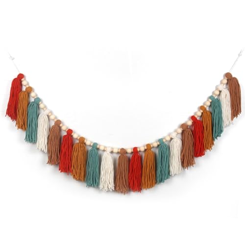 GIAUMA Burnt Orange Boho Yarn Tassel Garland with Wood Beads Earth Tone Wall Hanging Tassels Bunting Banner Nursery Decor for Classroom Baby Shower Birthday Kids Room Dorm Bedroom Decorations