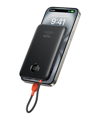 VIYISI Powerbank 10000mAh, Caricabatterie Portatile 22,5W, Batteria Esterna Ultracompatta con Cavo USB-C Integrato, Display LED, per iPhone 16/15, iPad, Samsung Galaxy S24 S23, Huawei - Nero