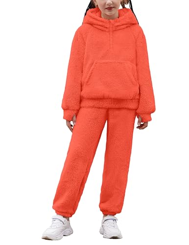 Arshiner Girls 2 Piece Outfits Drop Shoulder Hoodie Half Zip Fluffy Sweatshirt and Fleece Pants Sweatsuit
