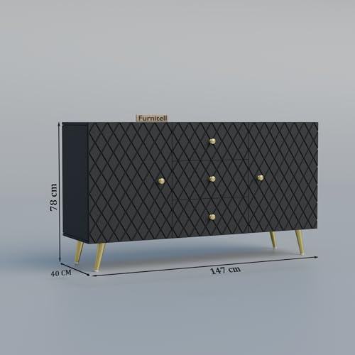 Image of Wooden Sideboard Cabinet for Living Room & Bedroom | Geometric Design Side Board Crockery Cabinet with 2 Doors & 3 Drawers Storage for Home & Entryway | HDMR Premium Wood | Golden Metal Legs (Black)