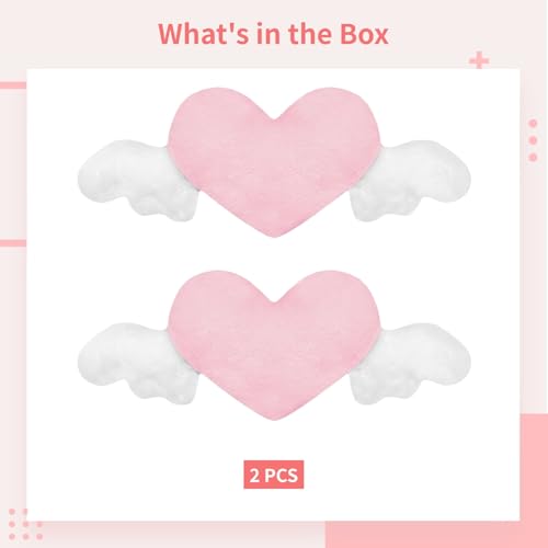 Image of 2 Pcs Plush Heart Shaped Pillow, Pink Car Headrest Pillow with Angle Wings, Cute Soft Neck Support Cushion, Ideal for Comfort and Style in Cars, Reusable and Washable, 19.3 x 9.1