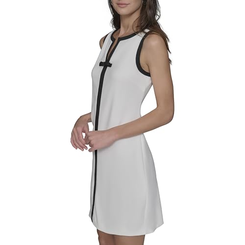 Image of Karl Lagerfeld Women's Sleeveless Split Neck Contrast Trim A-line Mini Dress with Bow Detail