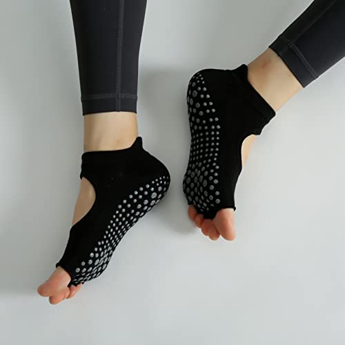 Image of Yoga Pilates Toe Socks Toeless Socks with Grips for Women Non Slip Cushioned Low Cut Ankle Socks for Dance