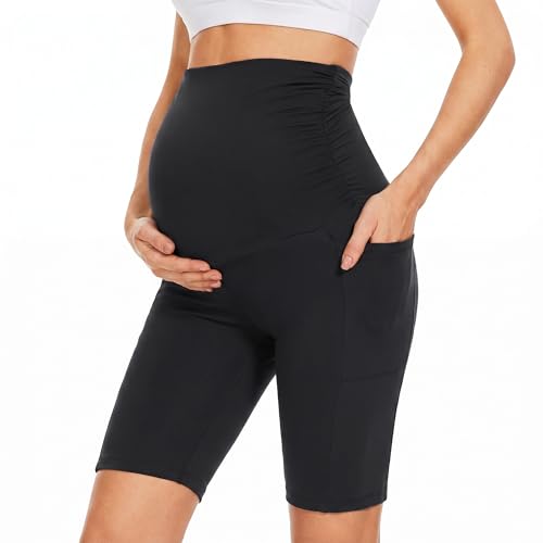 TANTOMI Umstandsleggings Kurz, Umstandsmode mit Taschen Radlerhose Schwangerschaft Umstandshose Sommer Umstandsradler Umstandsshorts für Schwangere