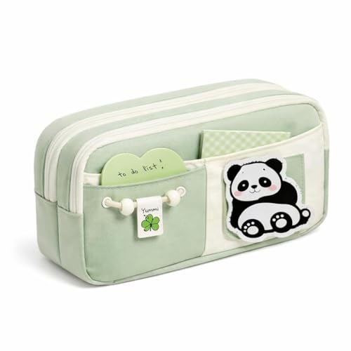 Image of Cute Aesthetic Pencil Case for Girls & Boys | 3 Layer 6 Compartment Large Capacity Pencil Pouch with Zipper | Cartoon Stationery Organizer Bag for Students & Kids (Green)