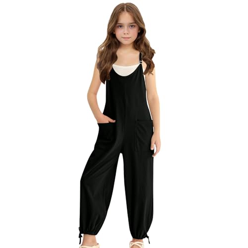 Girls Casual Spaghetti Strap 𝐃ungarees Solid Loose Wide Leg Crew Neck Sleeveless Adjusted Jogger Jumpsuits Teen Kids Romper Overall Casual Clothes with Pockets (Black, 13-14 Years)