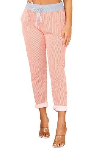 Image of STAR FASHION Women's Italian Elastic Waist Active Yoga Floral Printed Plain Jogging Pants Turn Up Ladies Casual Jogger Hoop Trouser | Thin Stripe Orange | 12-14