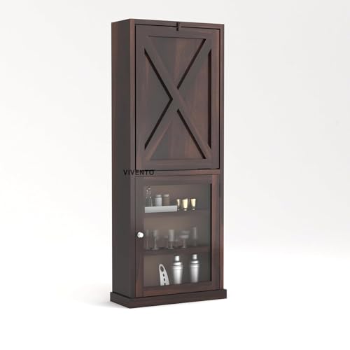 Image of SUNCOM Solid Sheesham Wooden Bar Cabinet for Home - Wooden Wine Rack for Home Bar - Foldable Modern Bar with Shelves & Glass Door Storage (Walnut)