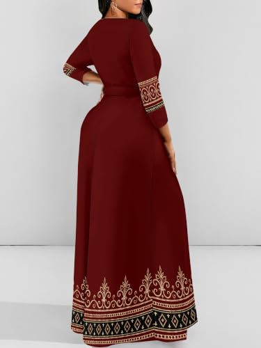 Image of Plus Size Maxi Dress for Women V Neck 3 /4 Sleeve Wrap Dress