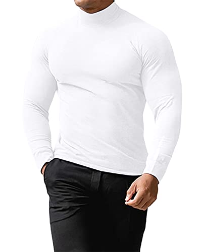Cooleep Jersey de cuello alto para hombre, de invierno, de algodón, de manga larga, de manga larga, M-3XL, Color blanco., XL