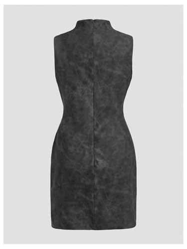 Image of RoseSeek Women's PU Leather Ruched Bodycon Dresses Mock Neck Sleeveless Zipper Mini Tank Dress