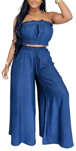 Image of Two Piece Sets for Women Summer Outfits Crop Tops and Wide Leg Pants Sets Sexy Jumpsuits Vacation Outfits with Pockets