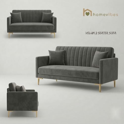 Image of Velum 3 Seater Sofa for Living Room & Office | Premium Fabric Upholstery | Solid Wood Frame | Comfortable Seating | 3 Years Warranty (Dark Grey, 2 Seater Sofa)