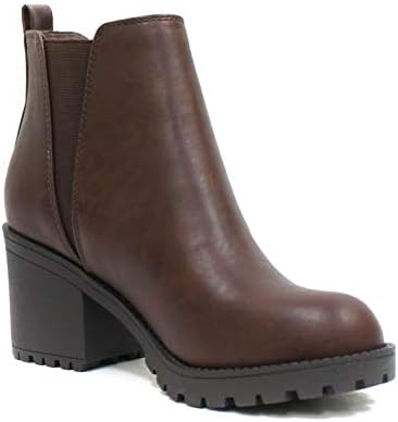 Soda ORIGAMI ~ WOMEN LUG SOLE MID HEEL FASHION ANKLE BOOTIE W/DOUBLE ELASTIC GORE (7.5, Brown, numeric_7_point_5) | Image 1