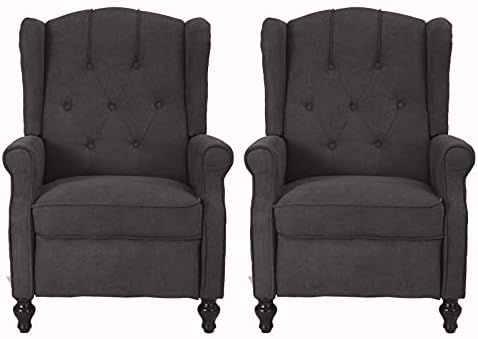 BINGTOO Recliner Chair with Massage and Heat 2 Chairs Set- Accent Chairs for Living Room- Tufted Fabric Push Back Recliner Chair, Footrest and Nailhead Trim, Wooden Legs, Wingback (Double, Dark Gray)