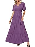 Amegoya Women's Spring Wedding Guest Maxi Dress Casual Short Sleeve Long Boho Dresses Flowy Empire Waist Elegant Dress (Prune Purple XL)