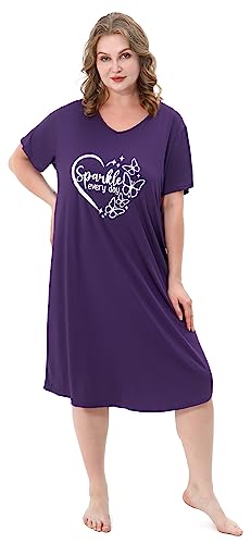 2 Pack Plus Size Nightgown for Women Casual V Neck Nightshirts Print Short Sleeve Sleepwear2