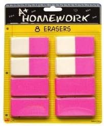 A+ Homework Erasers - Pink - 8 pack - Large beveled