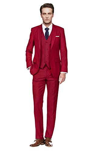 Image of Men's Slim Fit 3 Piece Suit Two Button Business Wedding Dress Tux Suit Set Jacket Vest Pants with Tie