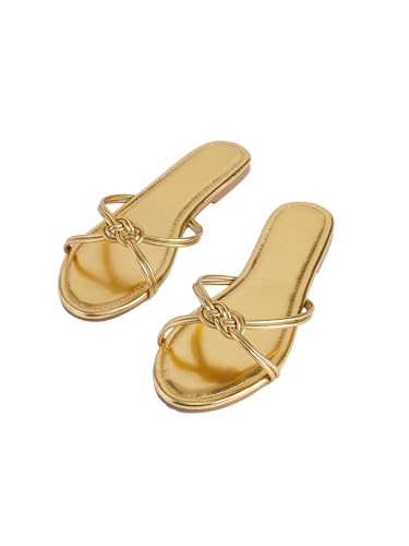 GORGLITTER Women's Strappy Flat Sandals Open Toe Metallic Summer Trendy 2025 Dressy Slides2