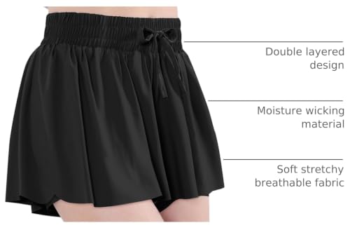 Image of EXARUS Girls Butterfly Shorts Athletic Flowy Cheer Dance Skorts Teen | Gymnastics Tennis Skirts Running Tween Flutter Sports Workout Youth 2 in 1 Gym Preppy Clothes Tumbling Outfis Kids 6-14Y